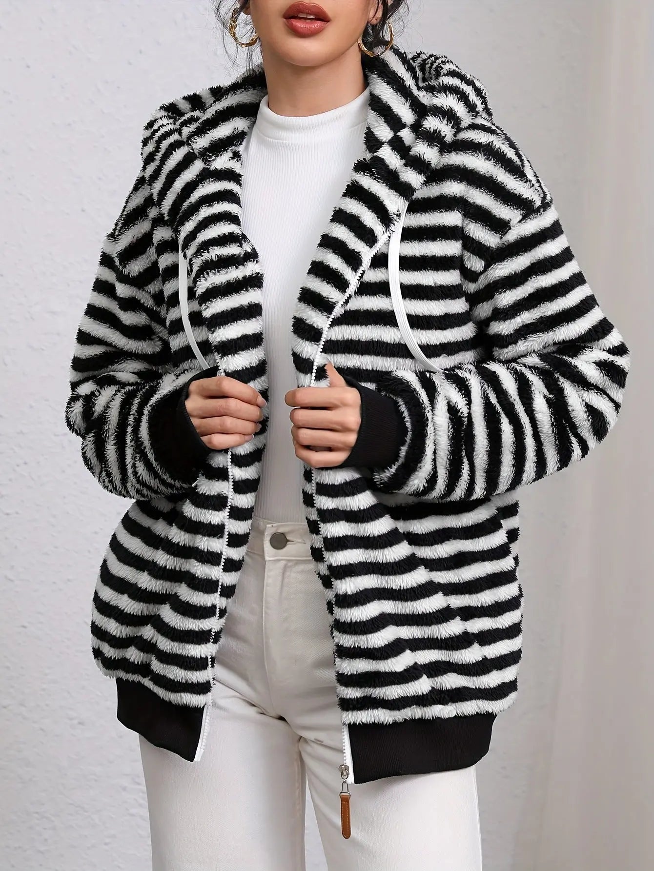 Autumn Winter Lazy Plush Design Black White Striped Hooded Jacket Bella Mia