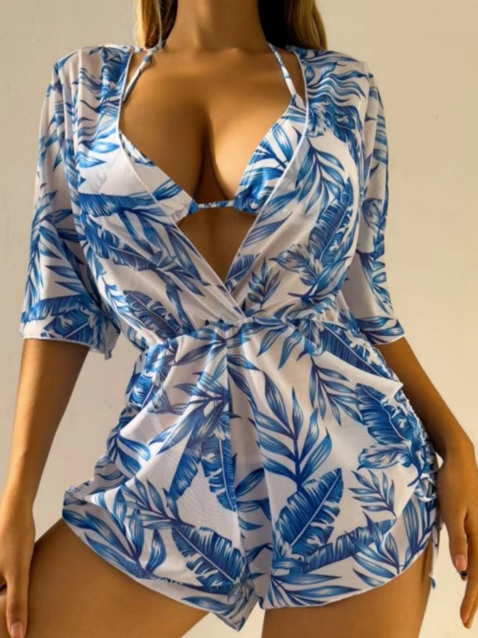 Three Piece Bikini Leaves Printed Waist Controlled Lace up Long Sleeve Beach Anti Ddos Swimsuit Bella Mia