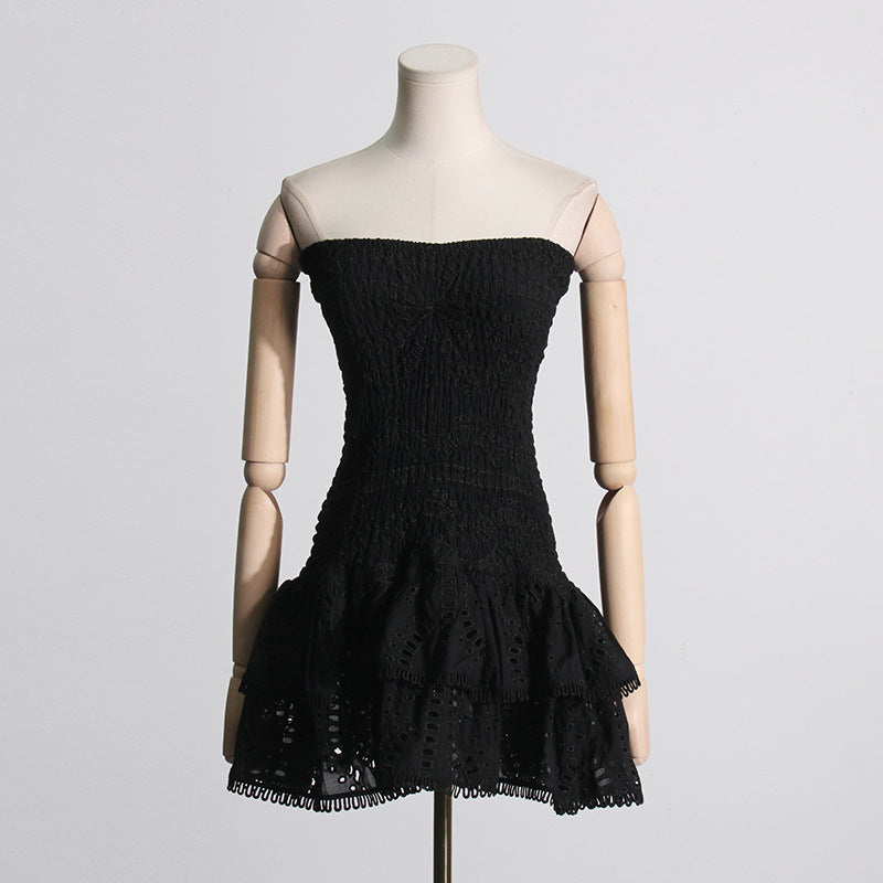 Spring Sexy Sexy Elastic Waist Tube Top Embroidered Ruffled Short Dress for Women Bella Mia