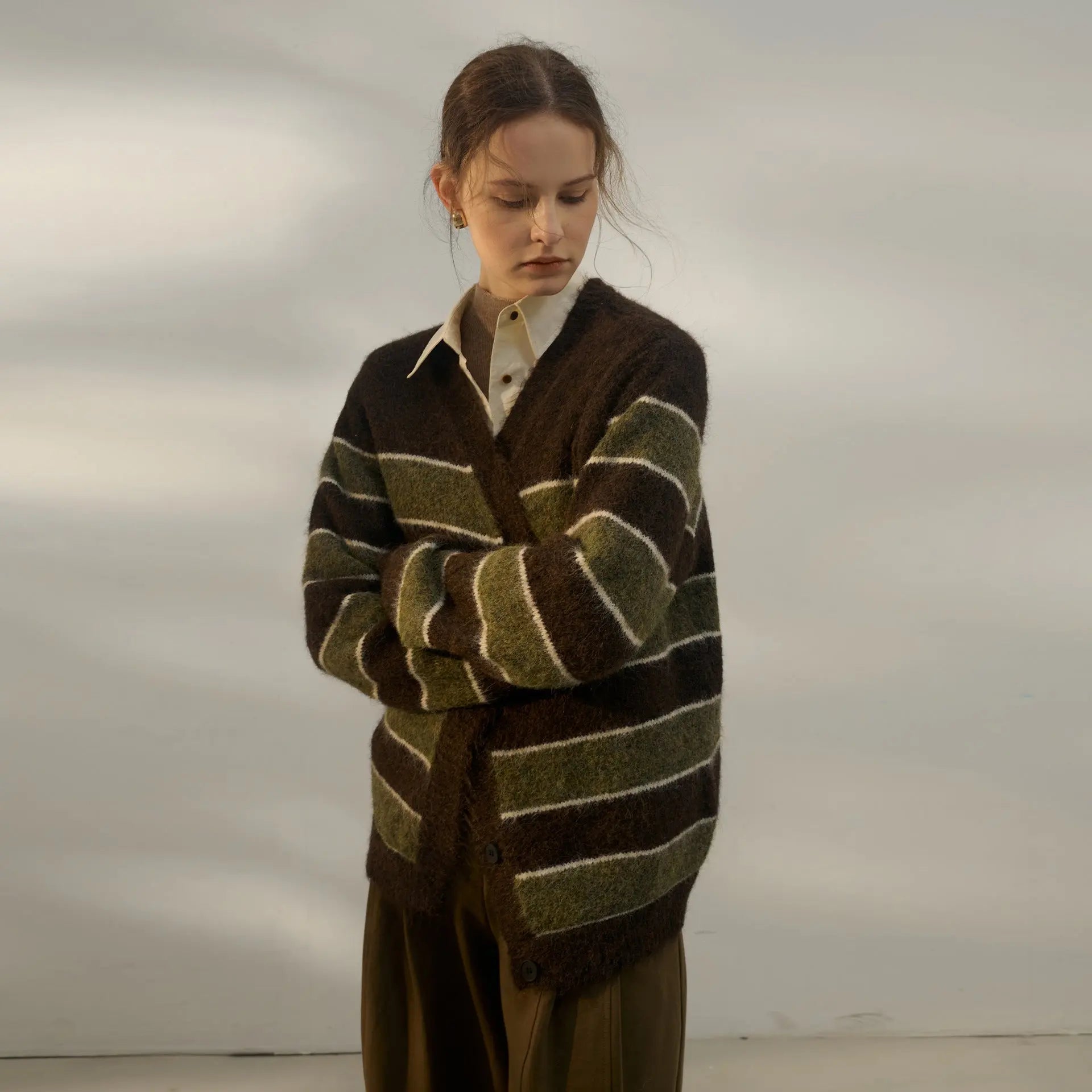 Autumn Winter Lazy Sweater Women Retro Gentle Casual Three Dimensional Striped Contrast Color V neck Long Sleeve Knitted Cardigan Bella Mia