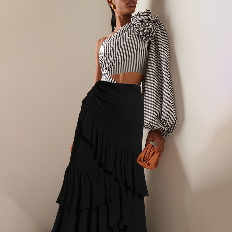 Sexy One Piece Swimsuit Women Pleated Ruffled Striped Swimsuit Bikini Mesh Maxi Dress Bella Mia