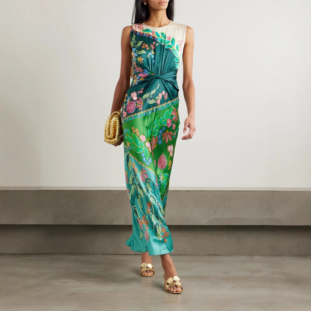 Summer Casual Sleeveless Positioning Printing Satin Twist Dress Women Bella Mia