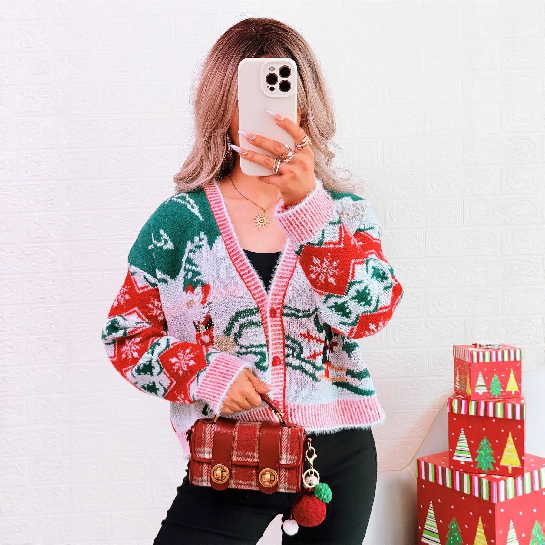 Christmas Contrast Color Casual Knitted Cardigan V neck Casual Short Office Sweater Bella Mia