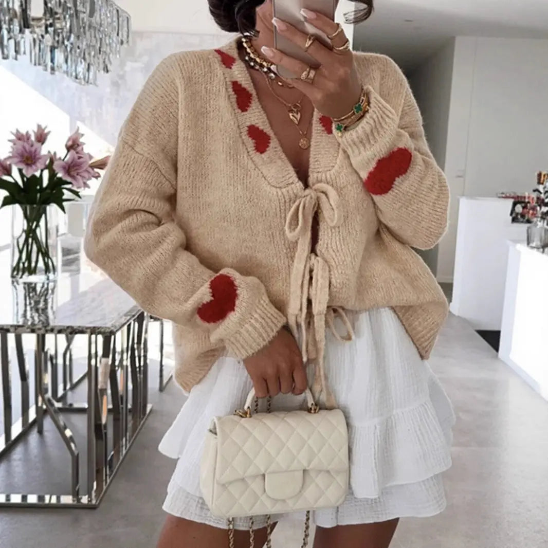Women Heart Jacquard Lace Up Knitted Cardigan Coat Long Sleeve Bella Mia