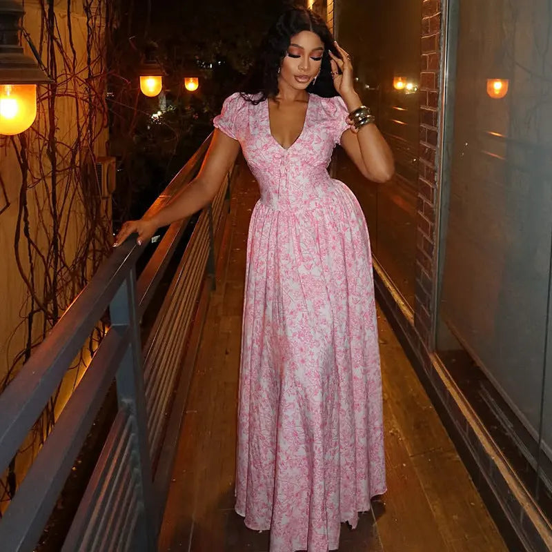 Floral A Line Maxi Dress With V Neck Puff Sleeves Ruched Pleats Bella Mia