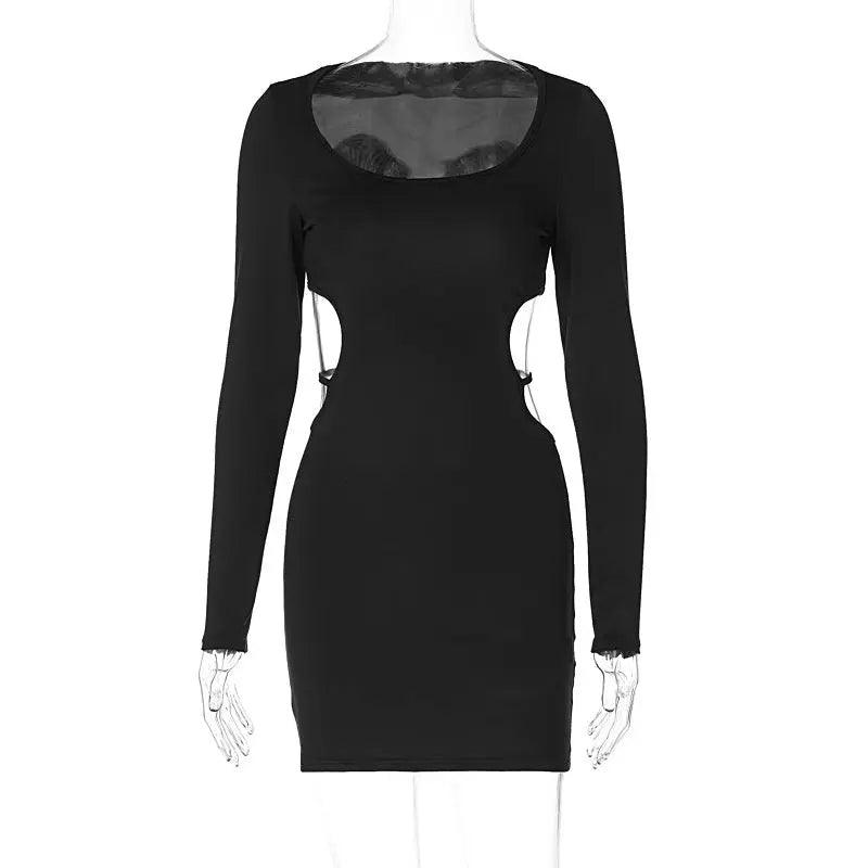 Women Clothing Spring Solid Color Sexy Waist Hollow Out Cutout out Lace up Slimming Slim Dress Bella Mia