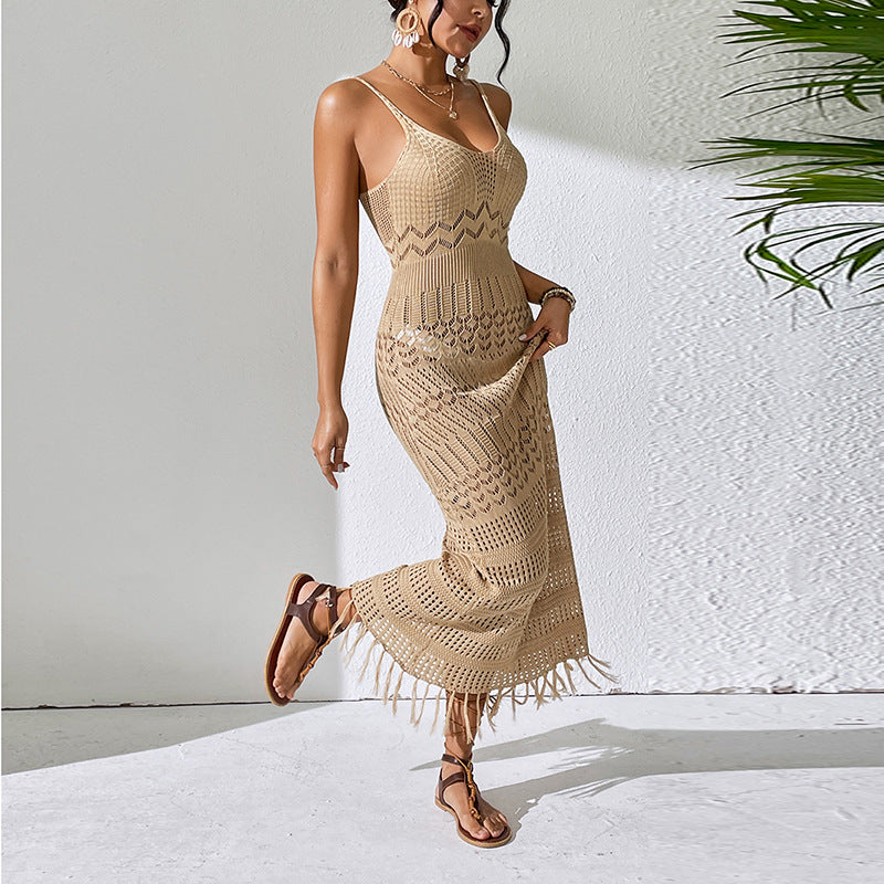 Sexy Cutout Sling Maxi Dress Slim Fit Tassel Beach Dress Sleeveless Knitted V neck Strap Dress Bella Mia
