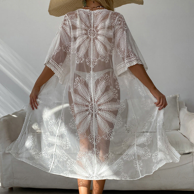 Swimwear Coat Sunscreen Strap Sexy Cutout Cardigan Mid Length Outer Match Embroidered Beach Beach Cover Up Bella Mia
