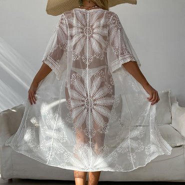 Swimwear Coat Sunscreen Strap Sexy Cutout Cardigan Mid Length Outer Match Embroidered Beach Beach Cover Up