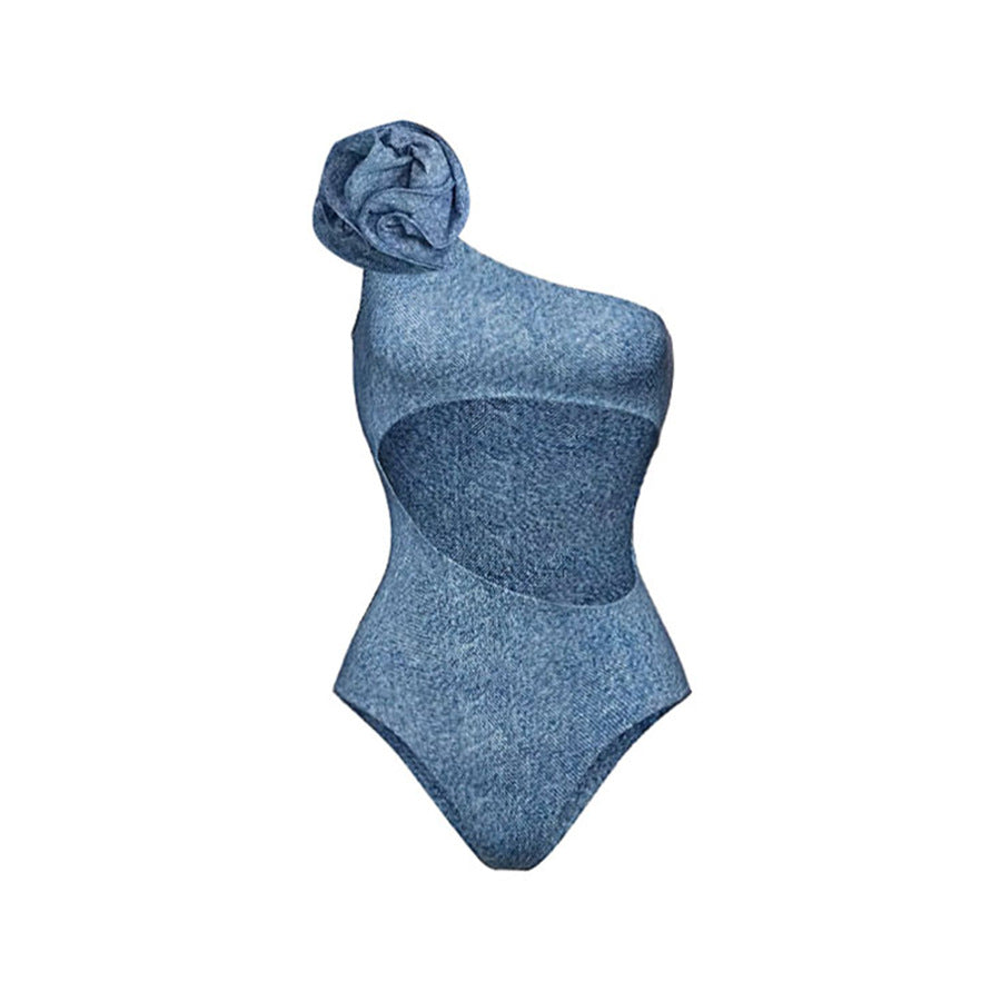 Popular Floral Decoration One Shoulder Hollow Out Cutout Soft Denim One Piece Swimsuit Women Bella Mia