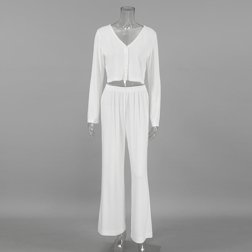Autumn Winter White Knitted Fabric Jacquard Home Wear Long Sleeves Cropped Trousers Two Piece Soft Pajamas Bella Mia