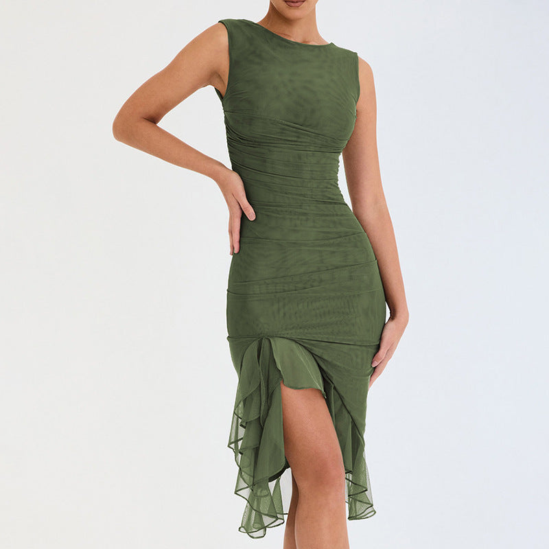 Spring Summer round Neck Sleeveless Dress Women Sexy Tight Backless Pleated Midi Dress Bella Mia