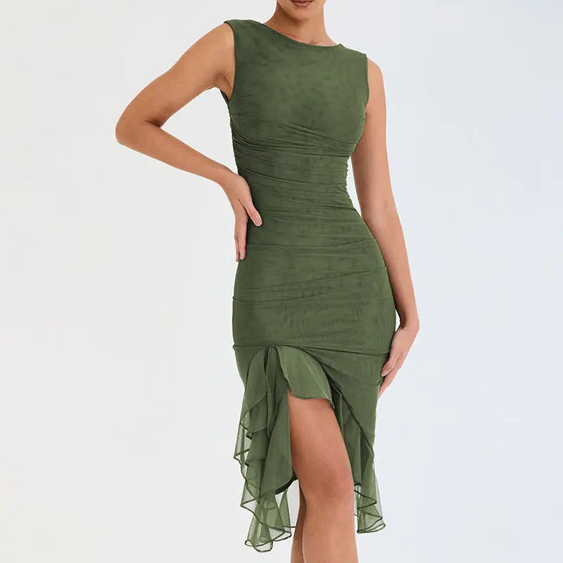 Spring Summer round Neck Sleeveless Dress Women Sexy Tight Backless Pleated Midi Dress Bella Mia