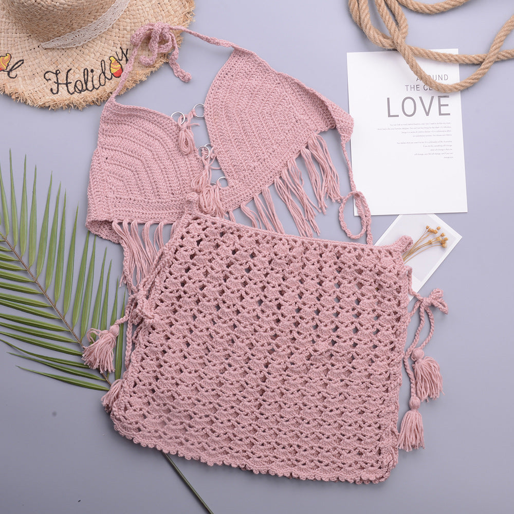Retro Hand Crocheting Split Swimsuit Halter Strap Tassel Cutout A line Skirt Beach Skirt Women Set Bella Mia