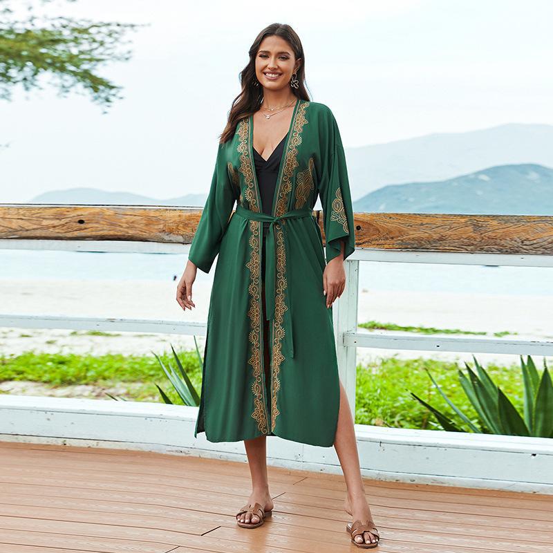 Green Rayon Embroidered Beach Cover up Sexy Embroidery Holiday Sun Protection Shirt Beach Cover Up Bella Mia