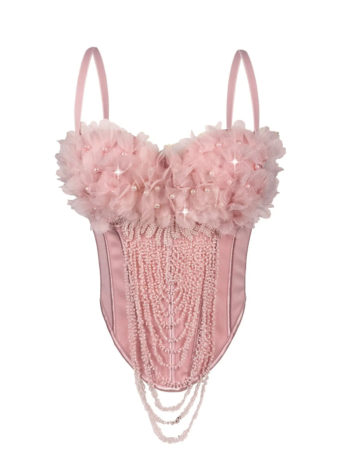Pink Floral Tassel Corset Top With Beaded Bodice Backless Crop Bella Mia
