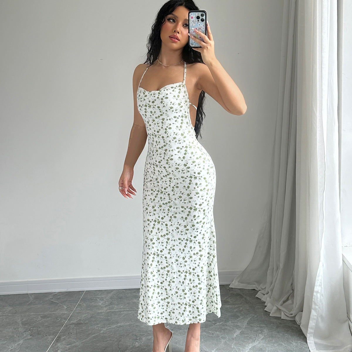 Arrival Sweet Floral Sexy Backless Halter Sleeveless Split Medium Dress Bella Mia