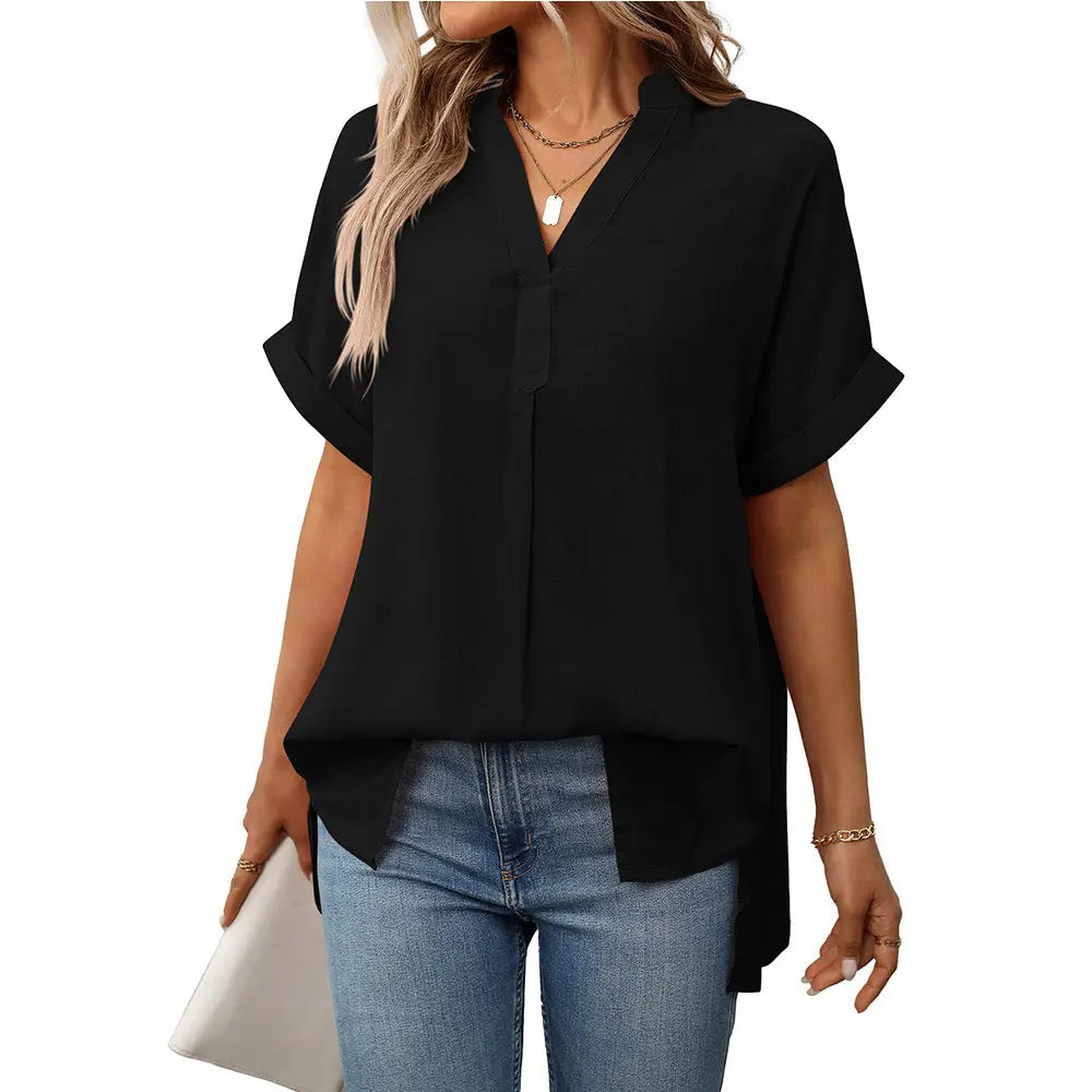 Pink V Neck Short Sleeve Polyester Solid Blouse Loose Fit Casual Summer Shirt Bella Mia