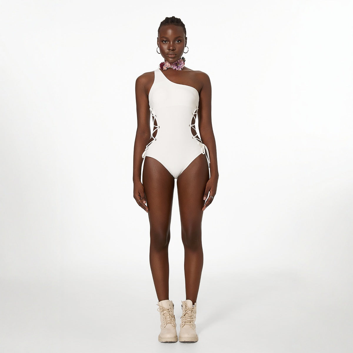 Retro Floral Shoulder Lace up Slimming Sexy Spring Vacation Swimsuit Women Bella Mia