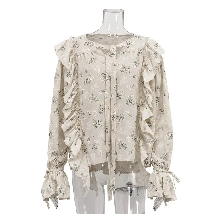 French Design Floral Ruffled Tied Neck Cotton Blouse For Women Bella Mia