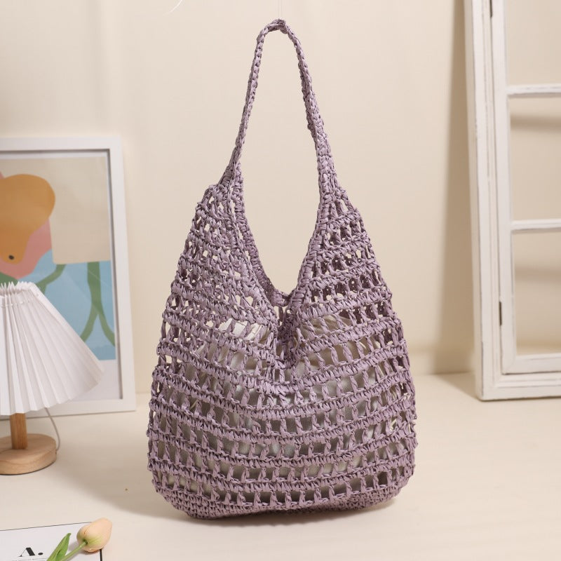 French Large Capacity Shoulder Straw Bag Hollow Out Cutout Tote Portable Straw Bag Woven Bag Seaside Vacation Beach Bag Bella Mia