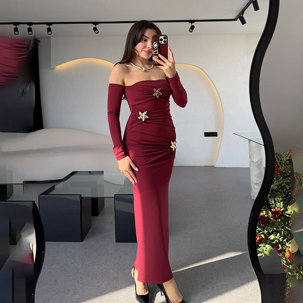 Pleated Long Sleeved Women Dress Fashionable Sexy Sheath Slim Fit Dress Bella Mia