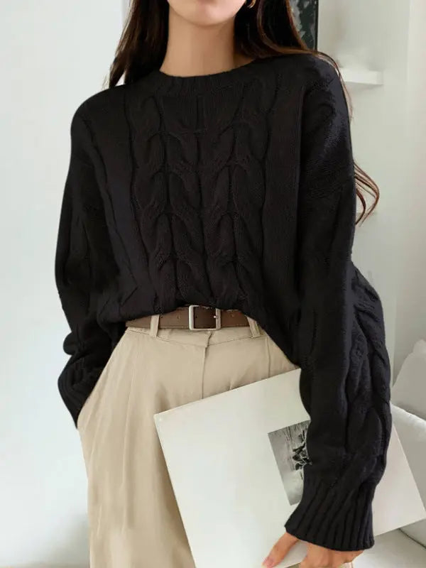 Casual Women Loose Cable Knit Sweater Crew Neck Pullover Autumn Winter Bella Mia