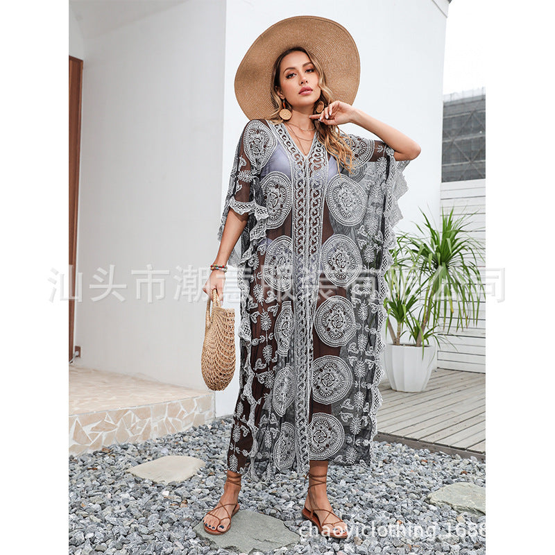 Beach Sun Protection Shirt Loose Pullover Swimsuit Outer Cover Bikini Jacket Water Soluble Lace Dress Bella Mia