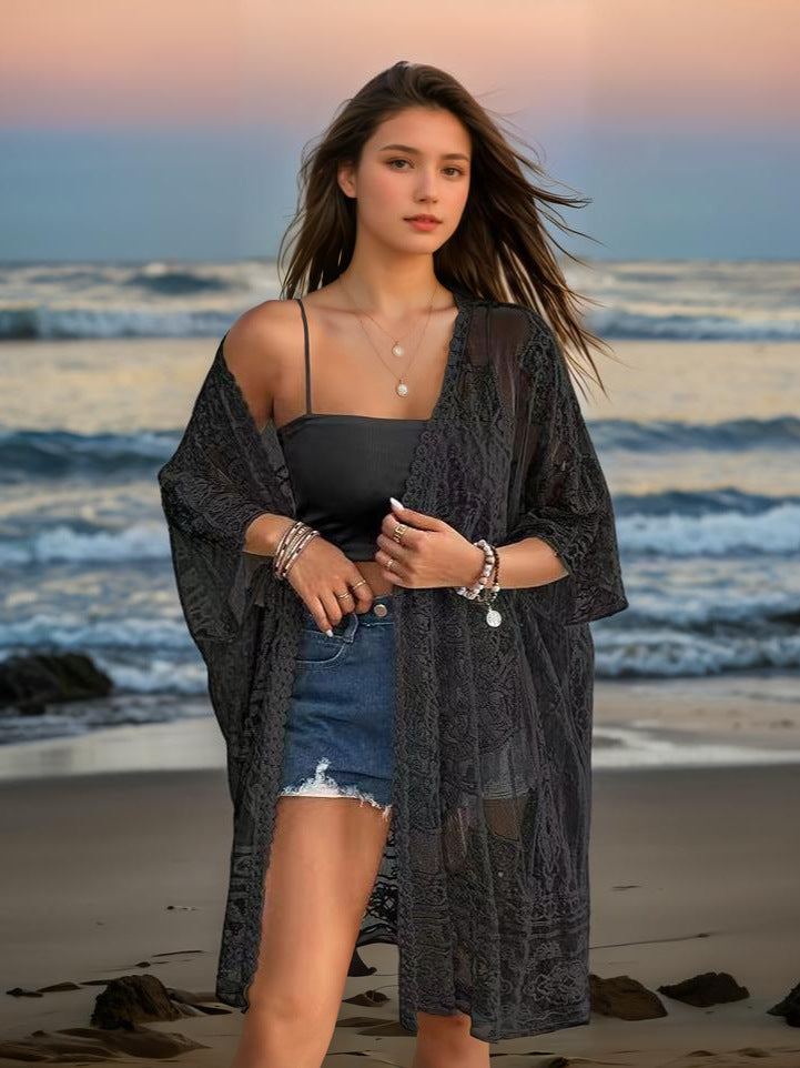 Women's Clothing Sexy See through Water Soluble Lace Embroidered Cardigan Beach Bikini Sun Protective Blouse Bella Mia