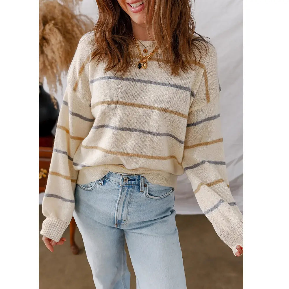 Women Casual Color Striped Pullover Long Sleeve Loose Sweater Crew Neck Bella Mia