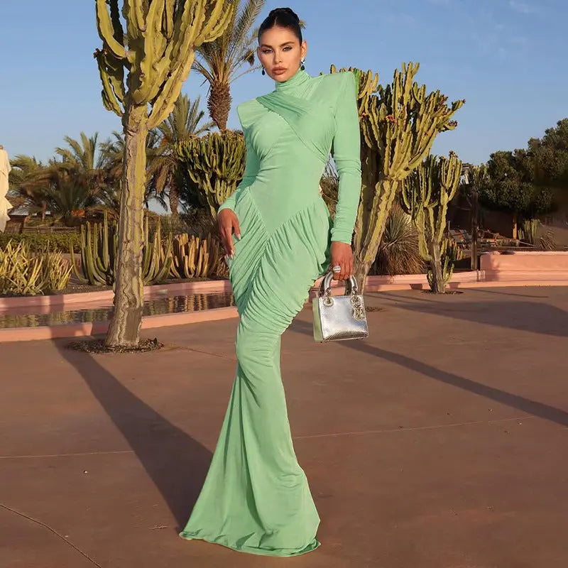Fall Women Solid Color Backless Turtleneck Pleated Slim Fit Maxi Dress For Party Bella Mia
