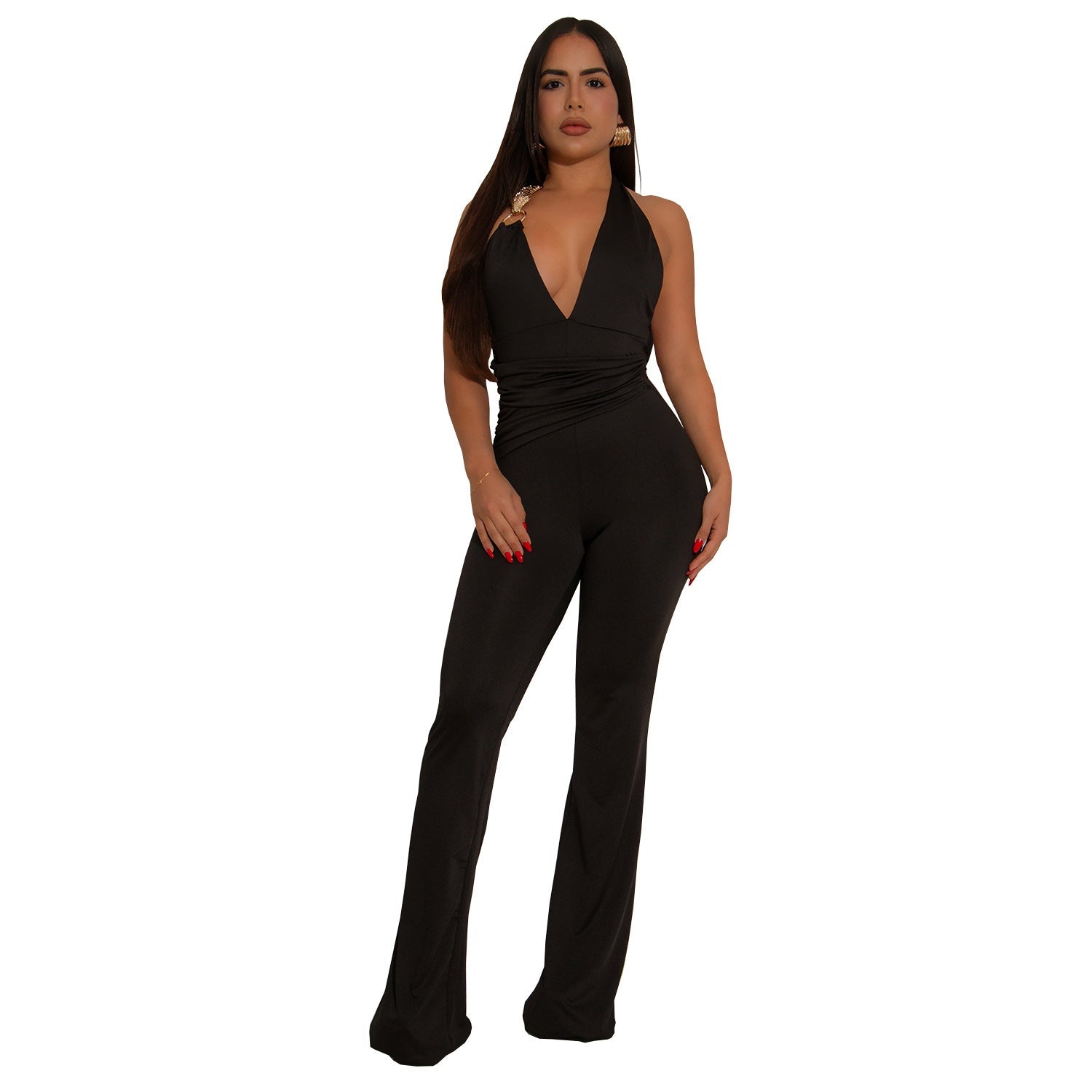 Women Wear Strap Sexy Deep V Plunge Halter Solid Color Jumpsuit Bella Mia