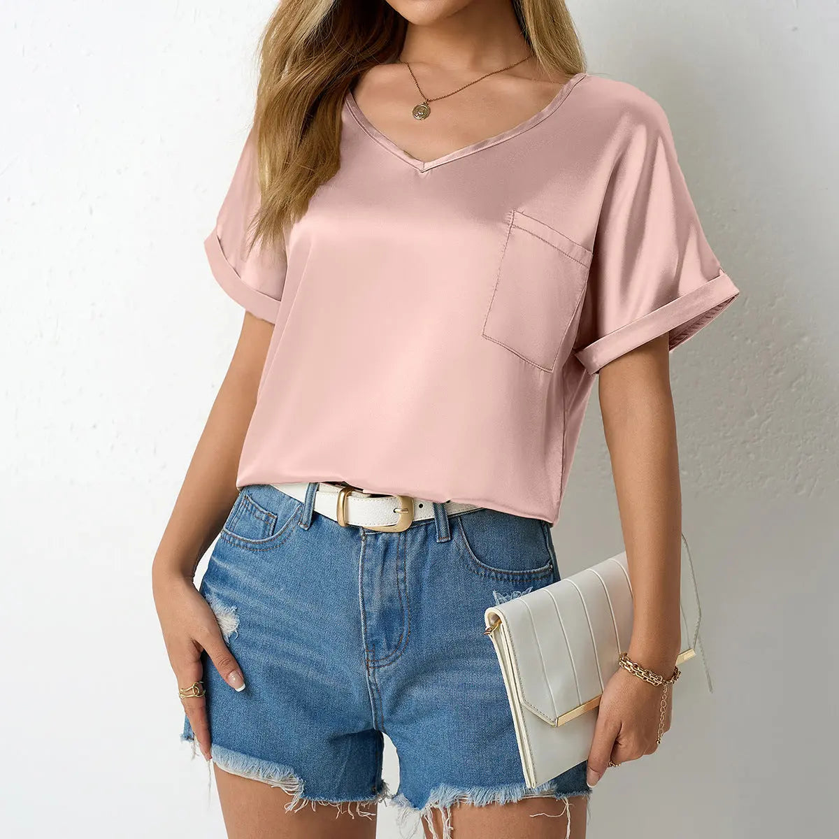 Women Satin T shirt Spring Summer Loose Pockets Curling Short Sleeved Casual Top Bella Mia