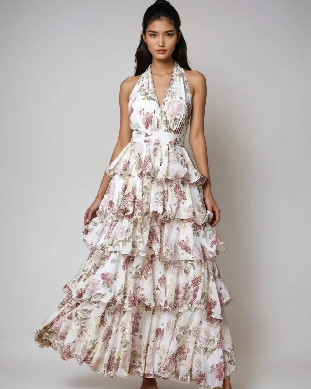 Elegant Halter Maxi Dress Floral Print Backless Sleeveless Ruched Ruffled Bella Mia