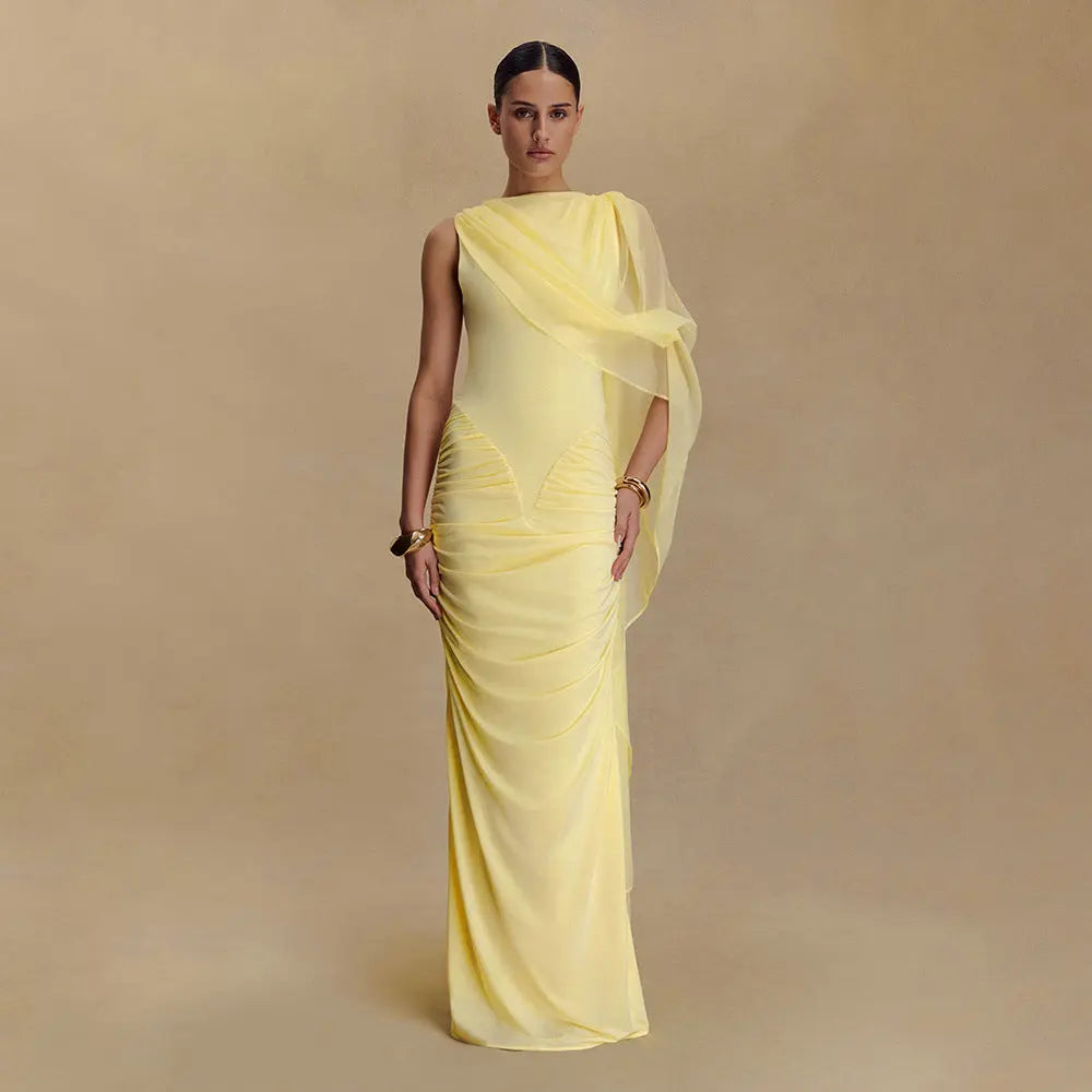 Fashionable Pleated Mesh Shawl Dress Sexy Sheath round Neck Slim Dress Bella Mia