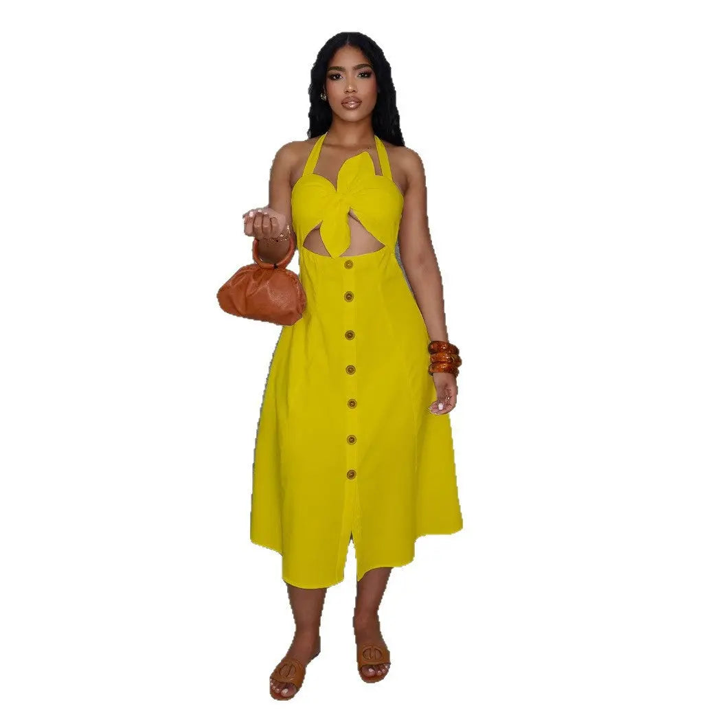 Elegant Office Solid Color Twist Decoration Smocking Halter Tied Dress Bella Mia