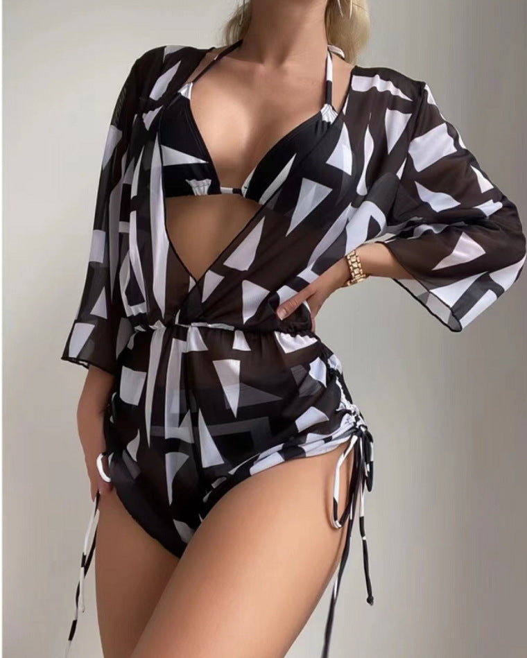 Three Piece Bikini Leaves Printed Waist Controlled Lace up Long Sleeve Beach Anti Ddos Swimsuit Bella Mia