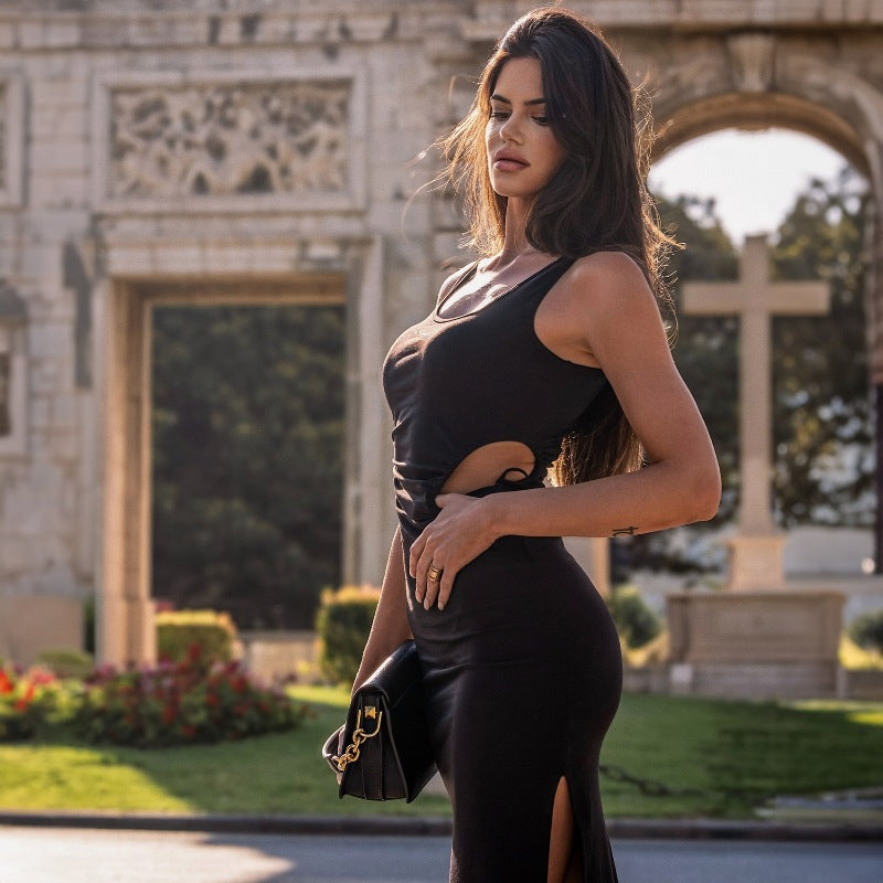 Women Clothing Summer Solid Color U Collar Lace up Cutout Sexy Slit Tight Dress Bella Mia