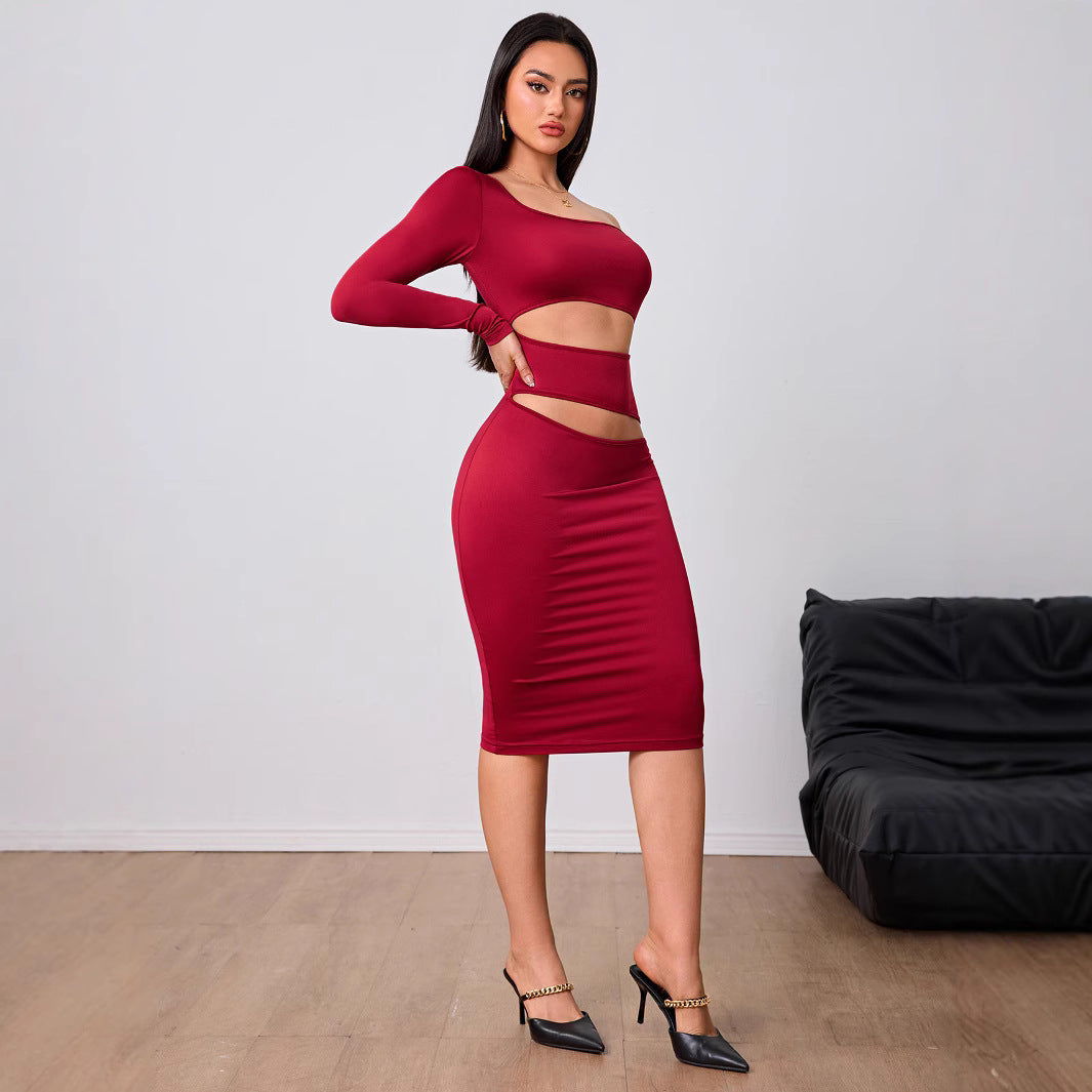 Women Clothing Wine Red Socialite Dress Autumn Winter Single Side Sleeve Midi Dress Bella Mia