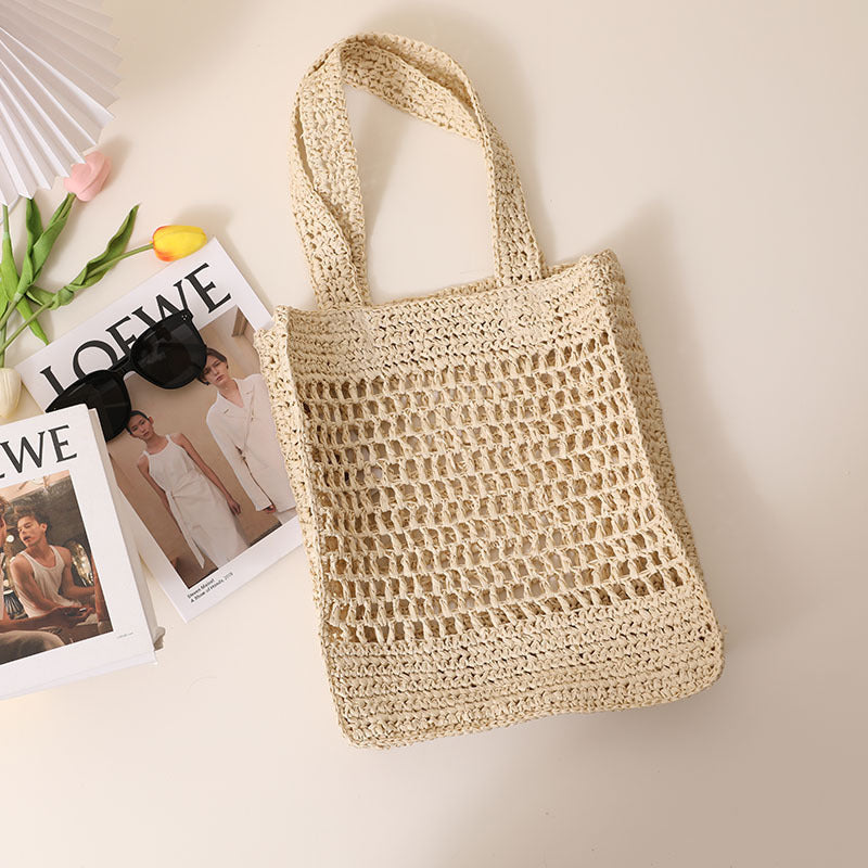 Solid Color Hollow Out Cutout Shoulder Straw Bag Korean Woven Tote Fishing Net Bag Seaside Vacation Beach Bag Bella Mia