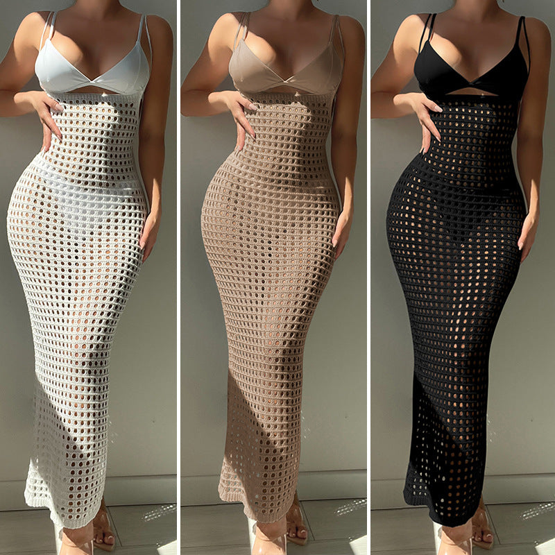 Women Knitted Camisole Hollow Out Cutout Texture Sexy Slim High Waist Maxi Dress Beach Cover up Dress Crochet hook Bella Mia
