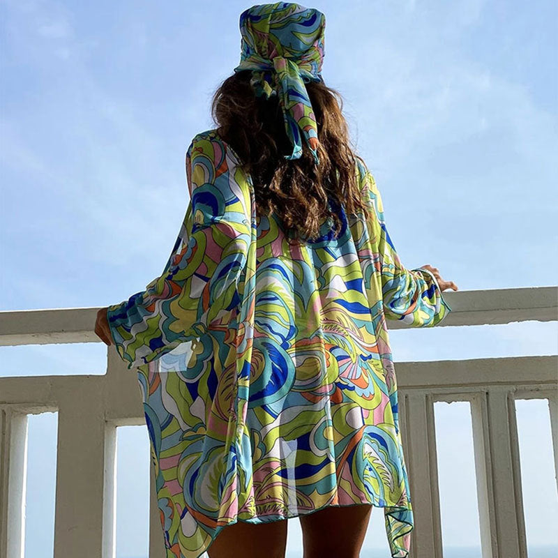 【MOQ-5 packs】 Printed Shawl Halter Swimsuit Three Piece Set Mesh Sunscreen Beach Spring Bikini Bella Mia