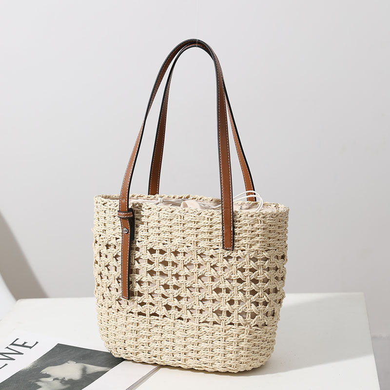 Straw Woven Bag Women Hollow Out Cutout Handmade Straw Bag Woven Bag Shoulder Portable Straw Weaved Bag Seaside Vacation Beach Bag Bella Mia