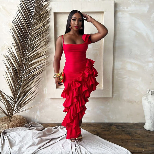 Summer Solid Color Sling Irregular Asymmetric Ruffled Ladies Dress Sexy Women Clothing Bella Mia