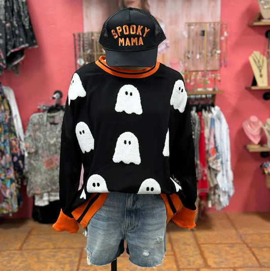 Ladies Summer Holiday Casual Halloween Ghost Embroidery Contrast Color Sweatshirts Bella Mia