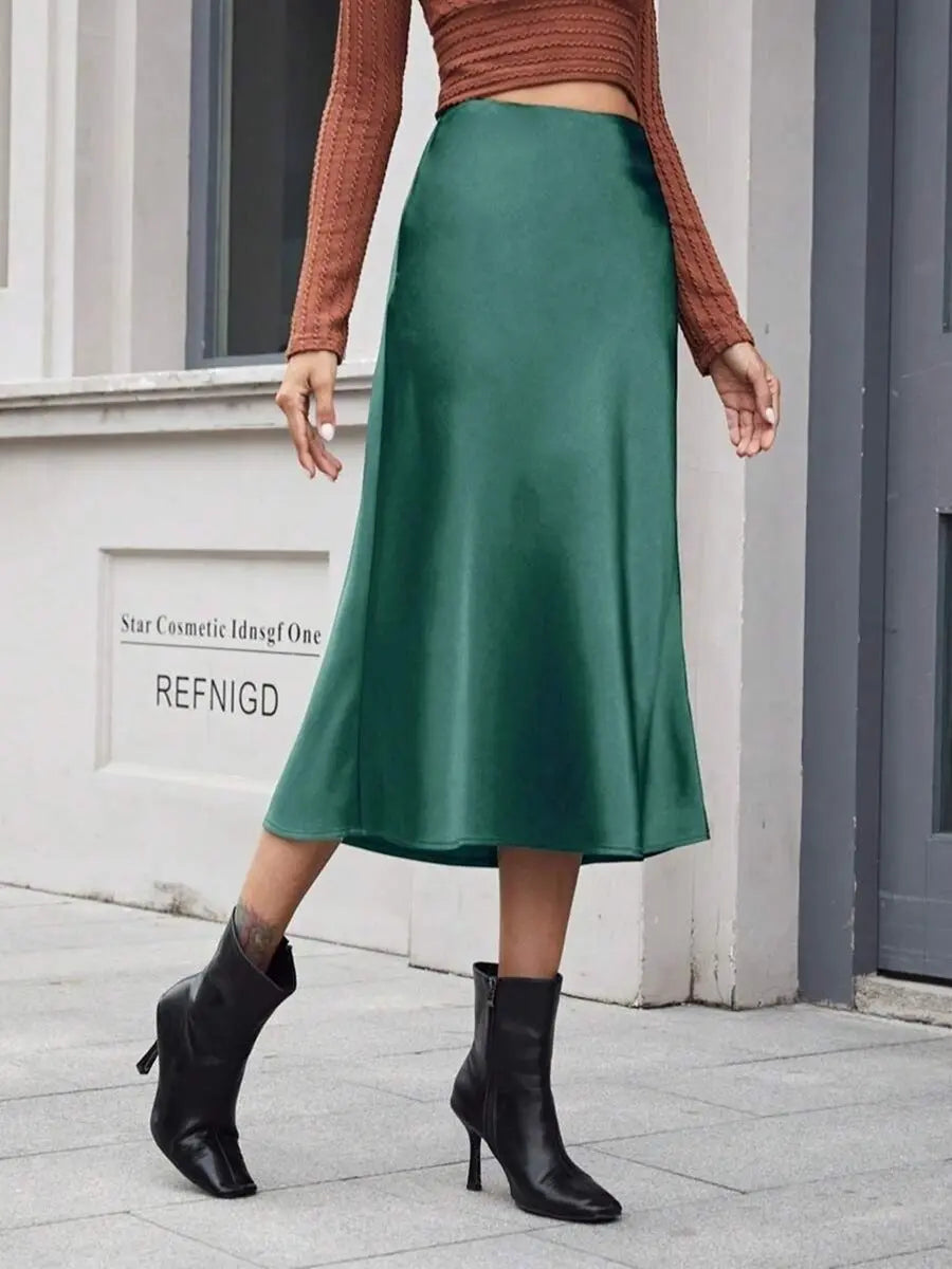 High Waist Satin Midi Skirt With Zipper A Line Regular Fit Women Bella Mia