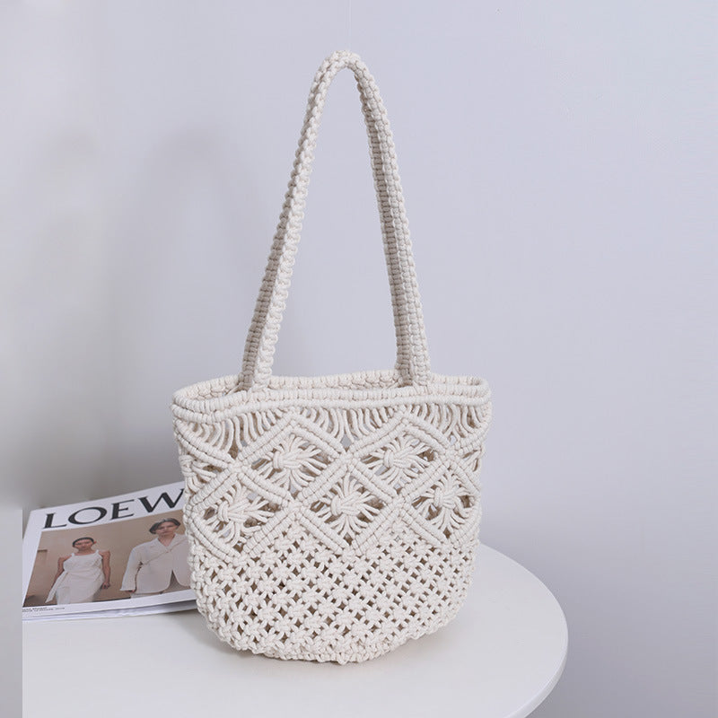Artistic Simple Cotton Thread Shoulder Woven Bag Summer Niche Hollow Out Cutout Straw Bag Portable Women Bag Vacation Beach Bag Bella Mia