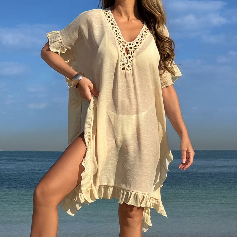 Hollow Out Cutout Hand Crochet Collar Change Flounce Loose Comfortable Sun Protection Seaside Vacation Casual Smock Dress Bella Mia