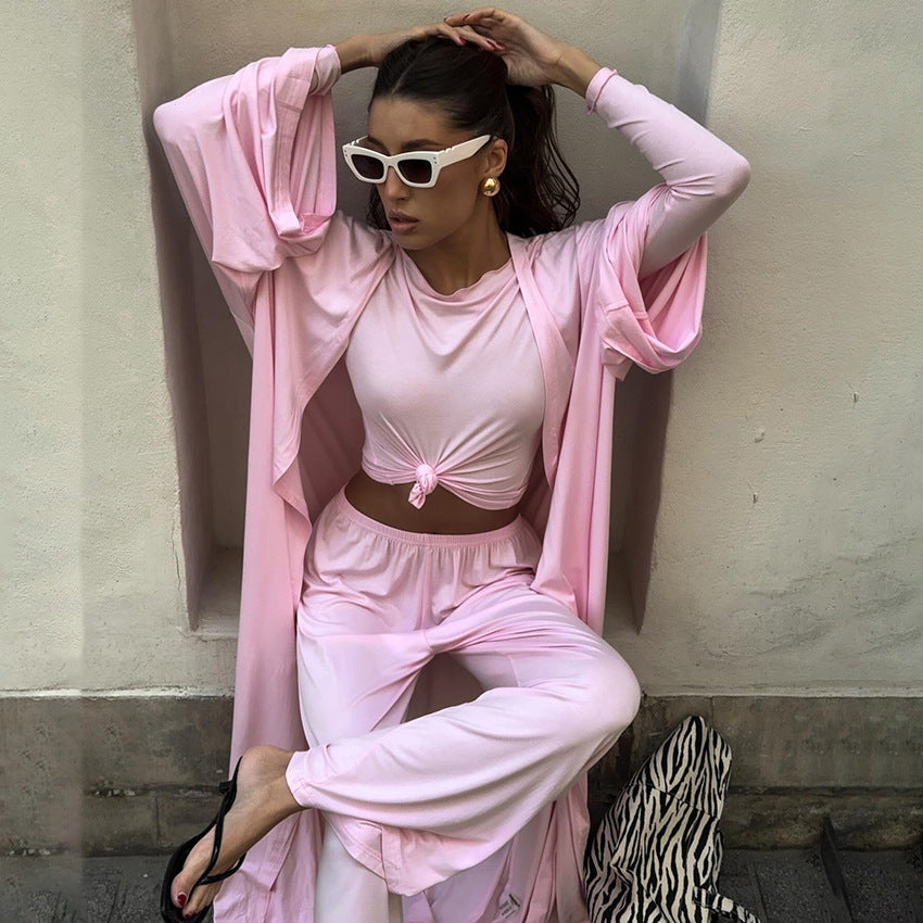 Summer Pajamas Three Piece Knitted Solid Color Top Trousers Loose Comfortable Home Wear Bella Mia