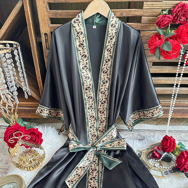 Ice Silk Nightdress Four Seasons Simplicity Homewear Sexy Mid Length to Long Cardigan Nightgown Bathrobe Women Chinese Nightgown Bella Mia